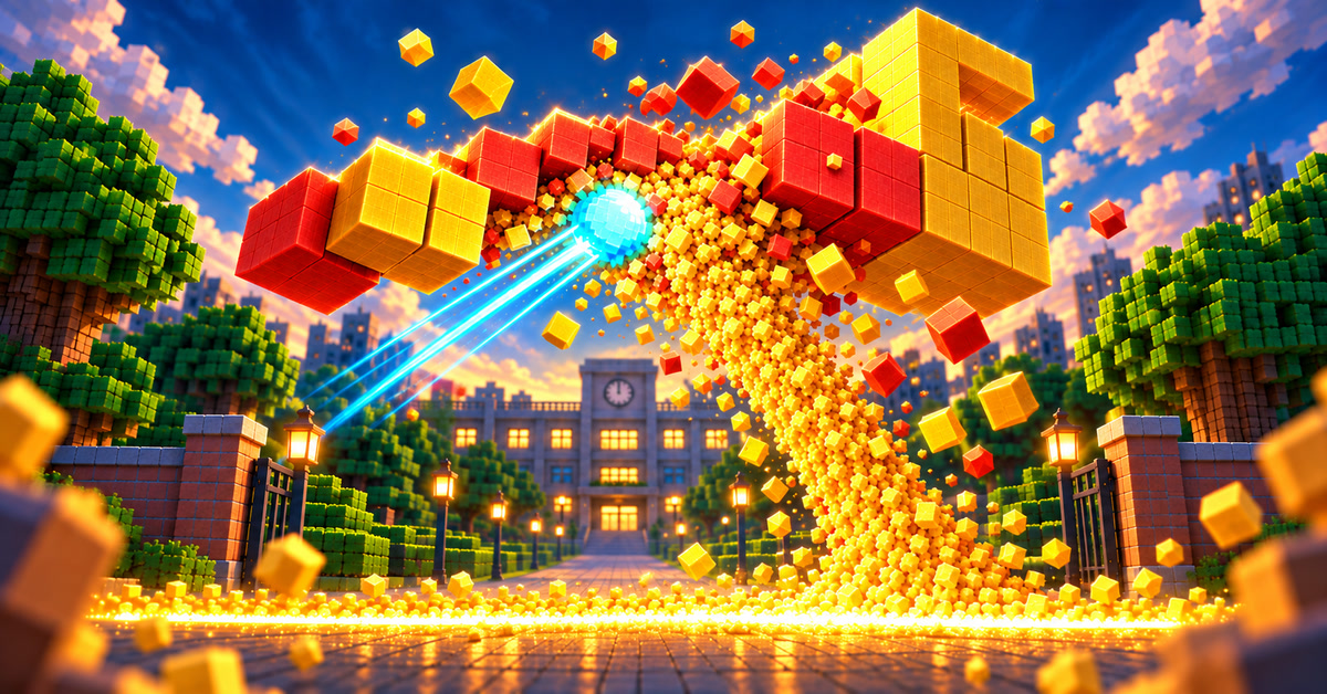 Breaking Sand key art: a glowing ball breaks colorful blocks, sending golden sand cascading across a school courtyard.