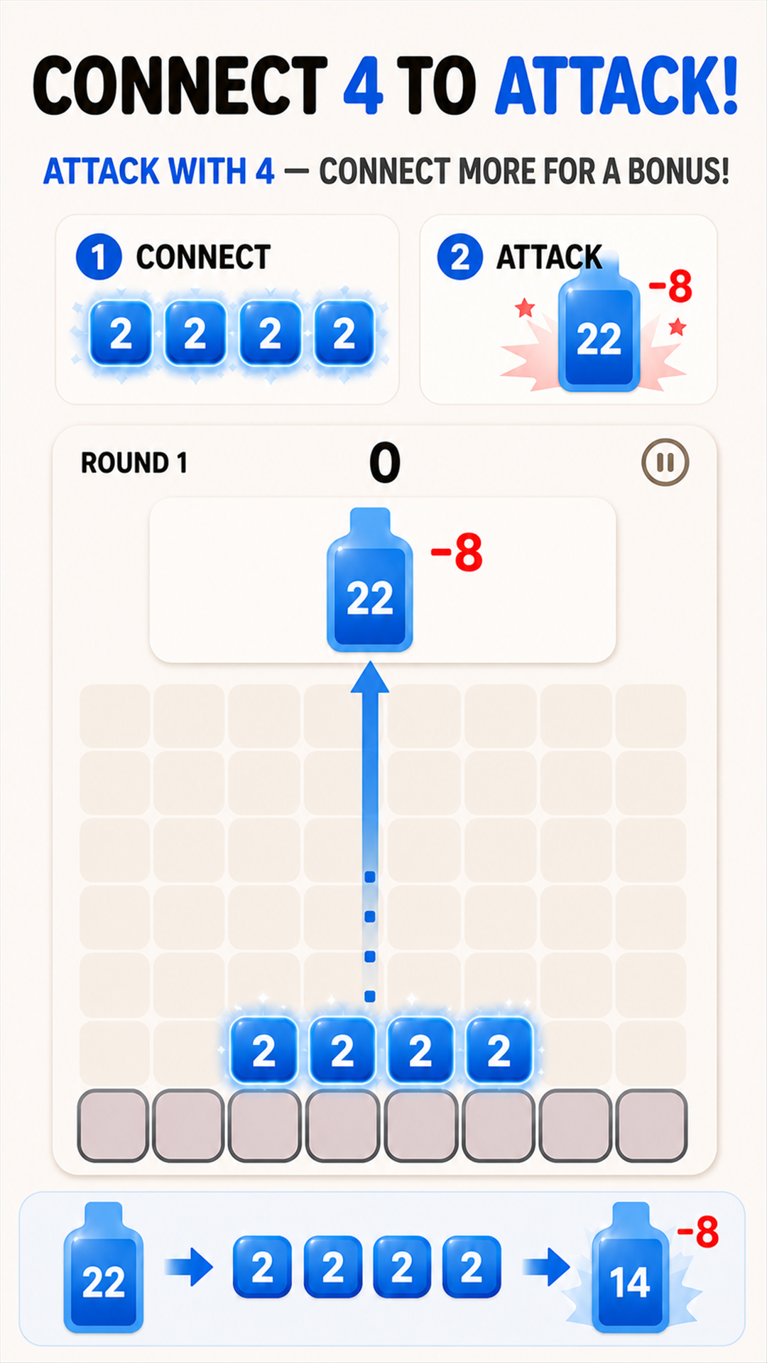 Nemochakchak: connect four matching blocks to attack.